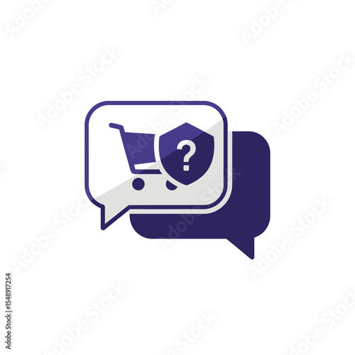 Purple Shopping Cart Icon Inside Speech Bubble with Shield and Question Mark Secure Online Purchase Query Customer Support Graphic Design Element