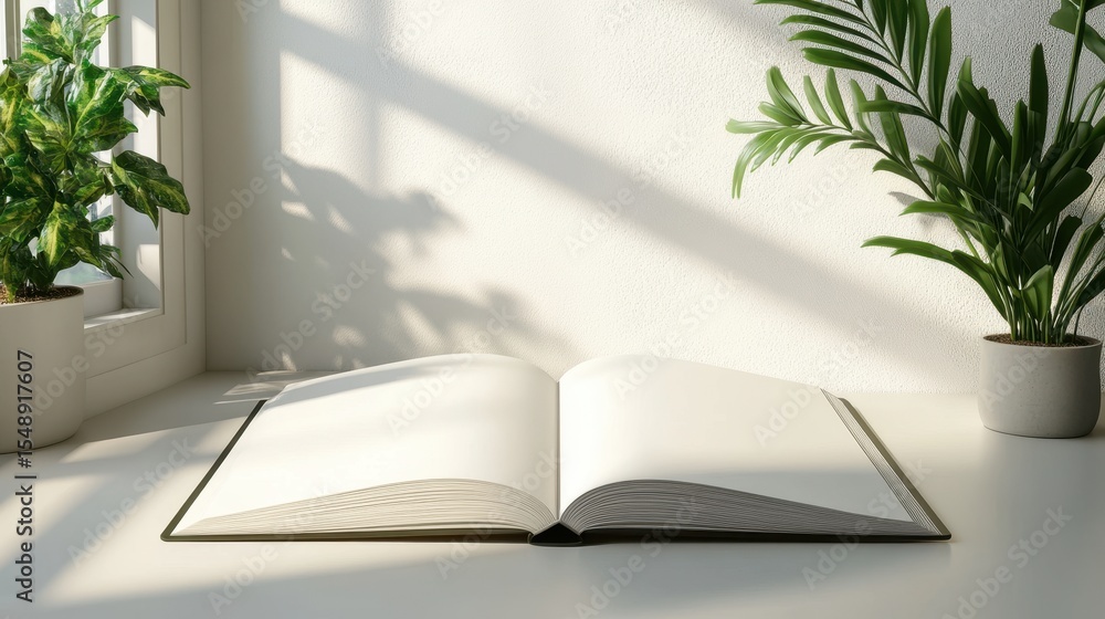 Open book resting on a light surface with plants. Open book resting on a light surface with plants.