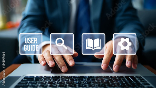 Businessman Interacting with Digital Icons on Laptop User Experience