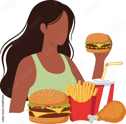 Brunette woman with tanned skin is surrounded by fast food including burgers, fries, a drink, and fried chicken in a bright, stylized illustration that is perfect for food or lifestyle marketing.