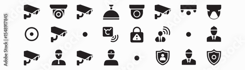 Collection of security related icons including cameras locks and security personnel in black and white