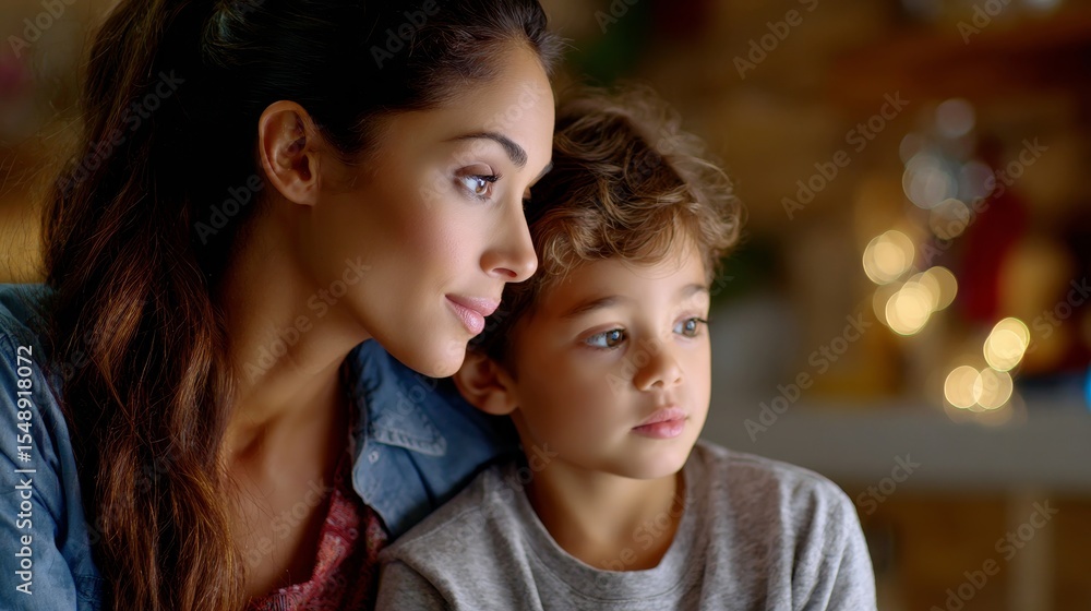 Obraz premium A woman and a child are looking at something on a screen