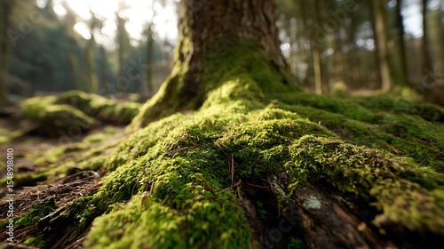 Moss on Tree Roots in Forest