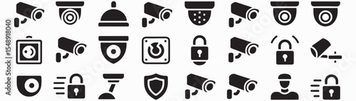 Security icons showing surveillance cameras padlocks shields and other security related symbols in black