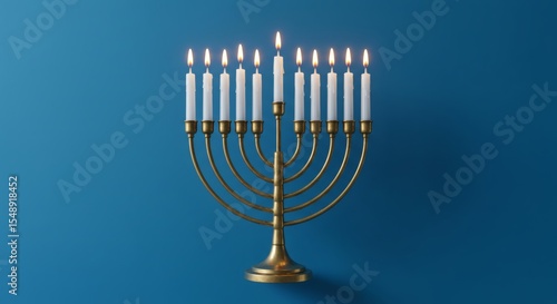 Festive Brass Menorah with Lit Candles Against a Teal Background Celebrating Hanukkah