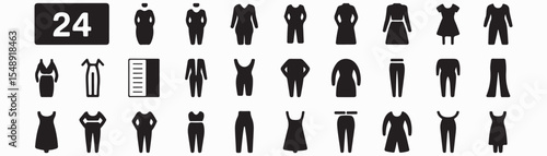 A collection of twenty four black clothing icons on a white background in a grid arrangement