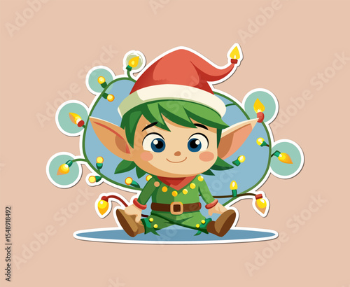 Cute Christmas Elf Cartoon Character Sitting Surrounded by Festive Holiday String Lights Decoration cartoon elf