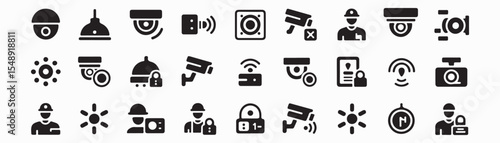 Collection of security and surveillance icons featuring cameras and security personnel in black glyphs