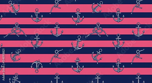 Nautical Anchors and Rope Knots on Pink and Navy Stripes