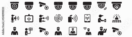 Collection of security and surveillance icons featuring cameras guards and wireless communication symbols