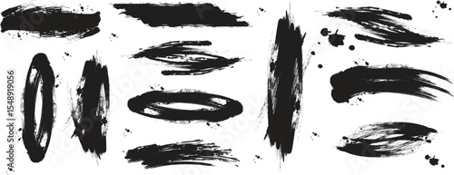 Various width brush strokes Mega bundle of different ink brush strokes:rectangle,square and round freehand drawings.Ink splatters,grungy painted lines,artistic design
