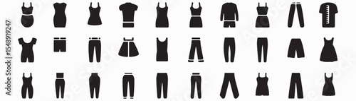 Collection of silhouette clothing icons including dresses pants shirts and skirts in black and white