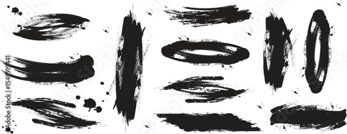 Various width brush strokes Mega bundle of different ink brush strokes:rectangle,square and round freehand drawings.Ink splatters,grungy painted lines,artistic design