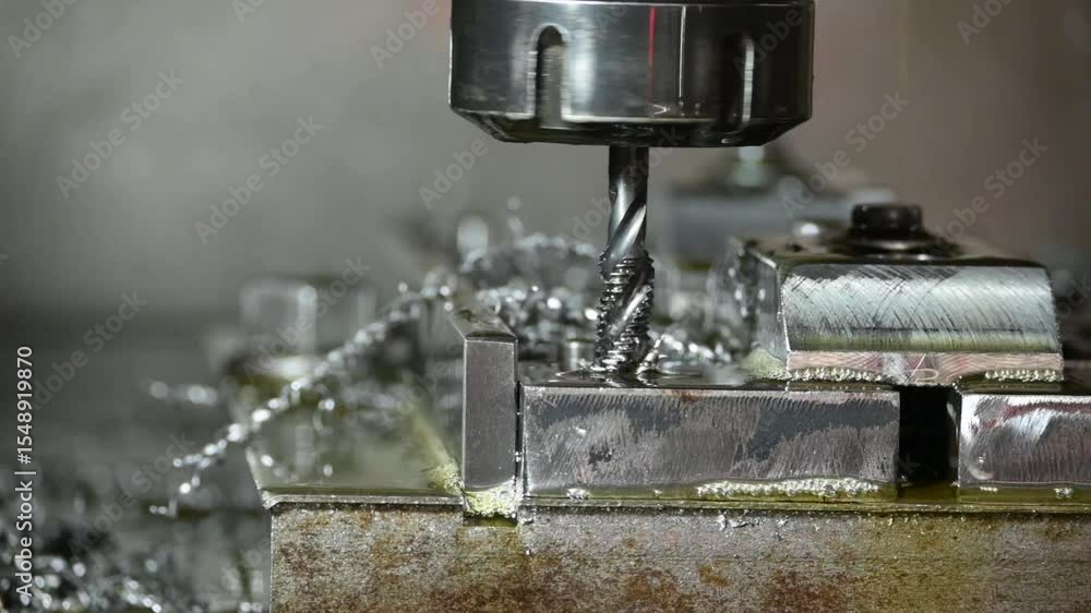Slow motion scene the tapping process on CNC milling machine. Slow motion scene the tapping process on CNC milling machine.