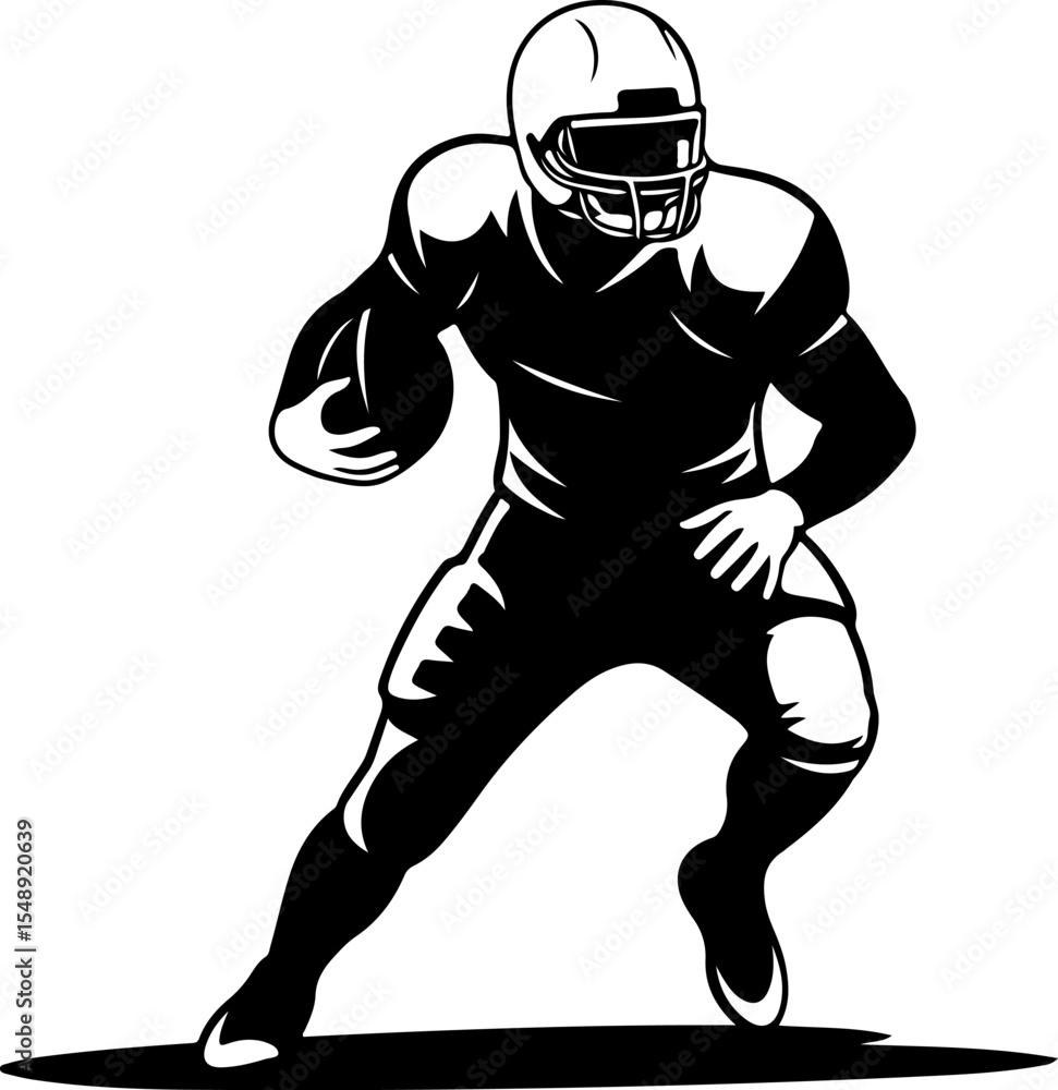 Obraz premium A bold, black and white silhouette of an American football player in a dynamic running position.