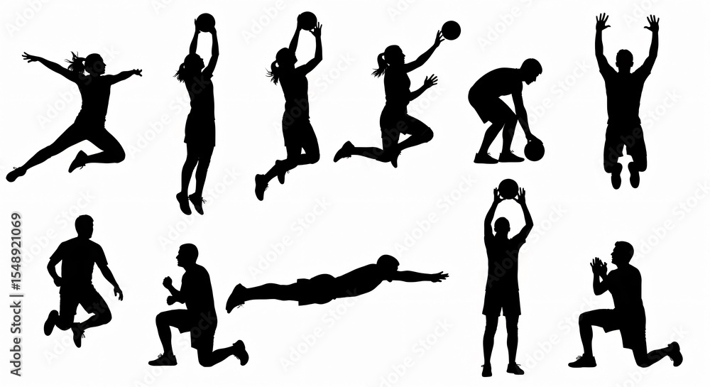 Silhouettes of people in various athletic poses including jumping and playing with a ball on white Silhouettes of people in various athletic poses including jumping and playing with a ball on white