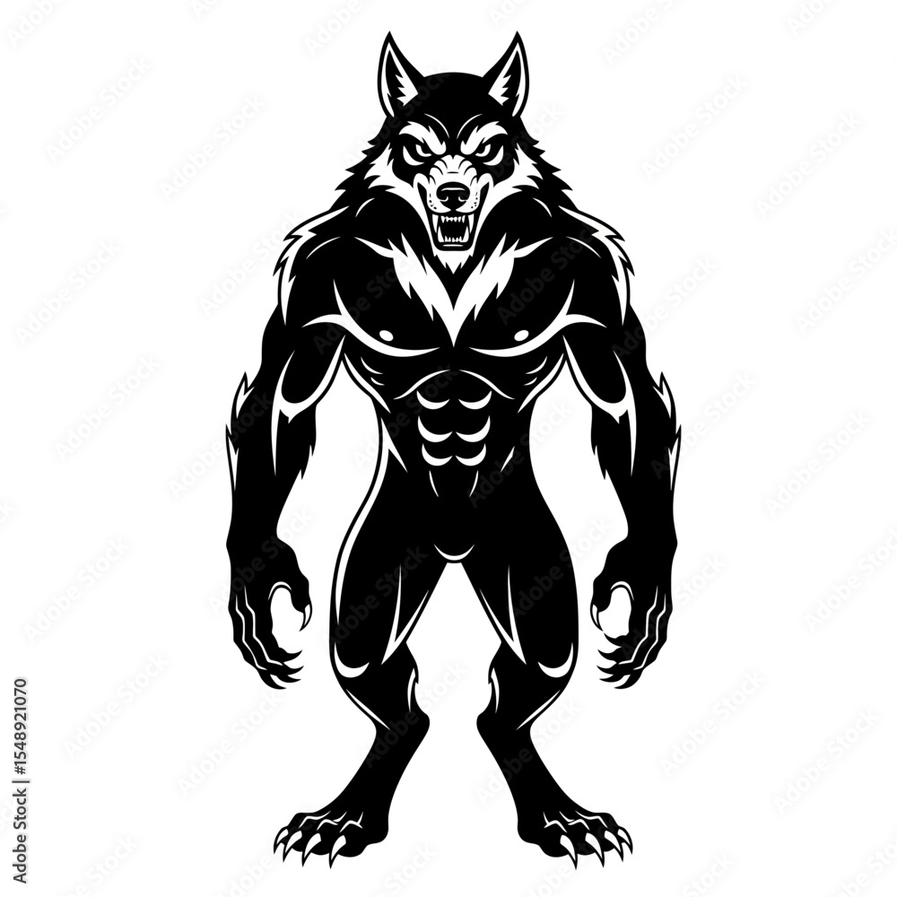 Obraz premium Bold Vector SVG Illustration of a Werewolf Character in Modern Flat Style with Monochrome Black and White Color Scheme