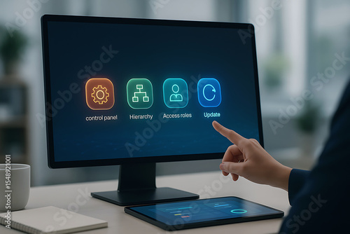User accessing digital interface on desktop with glowing app icons and security dashboard