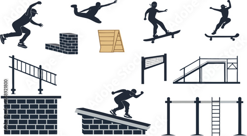 man jumping on the stairs Flat Icon Set of Parkour and Freerunning Elements Urban Jumping, Vaulting, and Acrobatics on White Background.