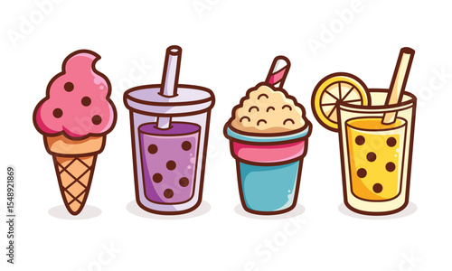 Colorful doodle illustration of refreshing summer drinks and ice cream including bubble tea, lemon drink, shaved ice, and cone. Perfect for summer, food design, and drink icons.