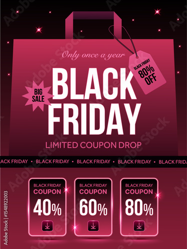 Black Friday shopping coupon book with coupon code, percentage off, shopping bag background. Black Friday gift voucher banner template in vector illustration. Vector illustration
