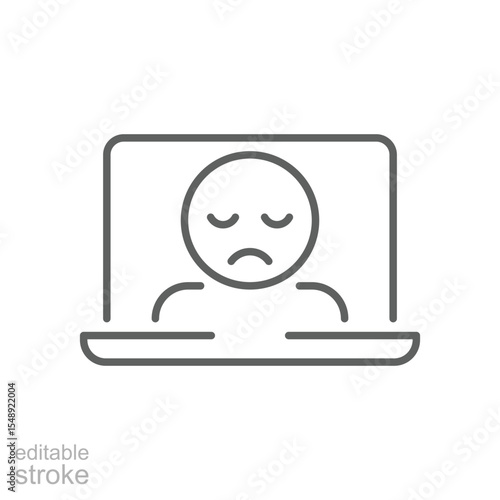 Sad Face on Laptop Icon Vector, Outline Symbol of Zoom Fatigue, Remote Work Burnout, Screen Exhaustion, and Video Call Stress, Editable Stroke Digital Fatigue Icon Design