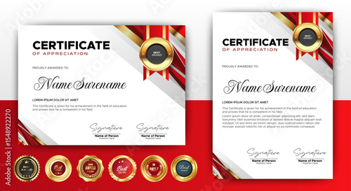 Diploma certificates template red and gold color with luxury and modern style vector image, suitable for appreciation. Vector illustration