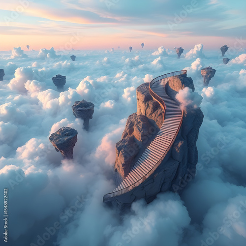 a majestic spiral staircase ascending through a sea of soft, pink-tinged clouds towards a clear, blue sky, flanked by two ethereal floating spires