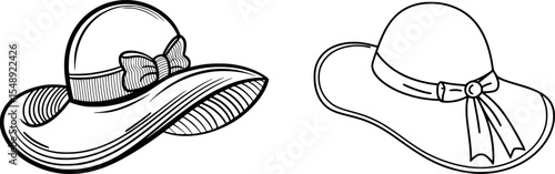 Elegant Wide-Brimmed Women's Hat Black and White Line Drawing, Minimalist Fashion Accessory Illustration with Decorative Ribbon and Bow, Simple Chic Female Sun Hat Outline for Vintage or Summer Design