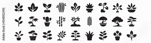 Plant, tree icon set. Vector glyph pictograms of leaf, cactus, bamboo, bonsai, nature, ecology, and landscaping concept, monstera maple black silhouette illustration.