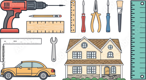 set of tools for repair Flat Icon Set of Model Building and construction Crafting Tools DIY Elements for Hobbyists in Clean Minimal Style on White Background.