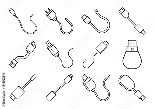 Collection of various cable connectors and USB devices isolated on white background