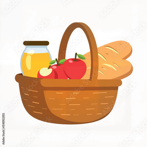 Colorful basket with apples, bread, and honey, autumn harvest