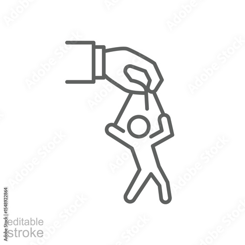 Workplace Control Icon Vector, Big Hand Holding Small Person Symbol for Micromanagement, Burnout, Mental Pressure, Editable Stroke Outline Design of Job Stress and Autonomy Loss