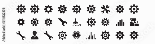 Manufacturing glyph icon set. Vector pictograms of forward, reverse, droplet, fluid, tool, wrench, lubrication, conveyor, hydraulic, pneumatic, black sign silhouette illustration.