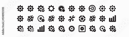 Manufacturing glyph icon set. Vector pictograms of forward, reverse, droplet, fluid, tool, wrench, lubrication, conveyor, hydraulic, pneumatic, black sign silhouette illustration.