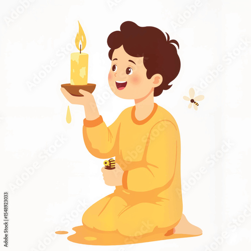 Joyful boy holding beeswax candle and honey, childhood innocence