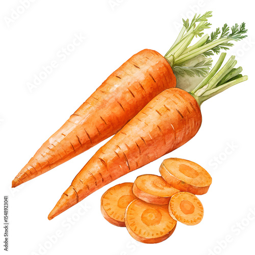 Two chopped orange carrot slices lying on top of each other watercolor food illustration. Fresh natural healthy root vegetable ingredient for antioxidant beverage, delicious cakes
