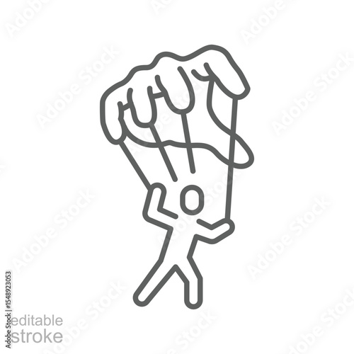 Micromanagement Icon Vector, Puppet Control Hand Holding Small Person Symbol, Editable Stroke Outline for Burnout, Workplace Domination, and Loss of Autonomy at Work