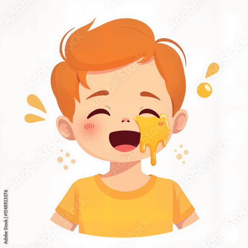 Laughing boy with honey on face, joyful expression