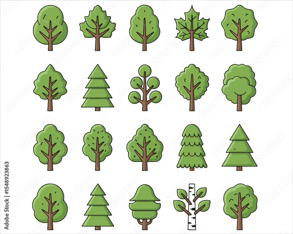Fototapeta premium Cartoon Tree Icon Set in Flat Style – Nature, Forest, and Botanical Elements