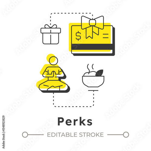 Perks modern linear concept icon. Payment benefits, salary. Meditation, relaxation. Wellness programs. Flat outline elements connected with dotted lines. Creative visual. Easy to edit