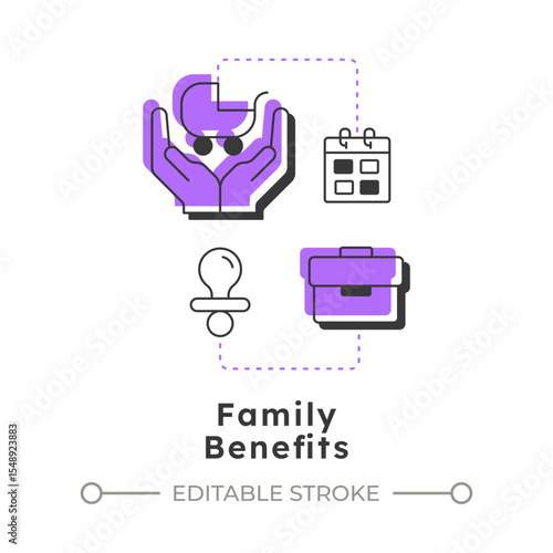 Family benefits modern linear concept icon. Child care assistance. Employees perks. Company support. Flat outline elements connected with dotted lines. Creative visual. Easy to edit