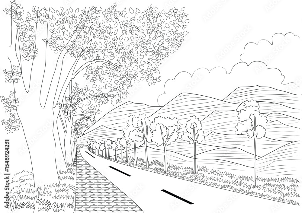 Detailed Black and White Line Drawing Illustration of a Scenic Landscape with a Road, Trees, Rolling Hills, and Clouds, Perfect for Coloring Books, Education, or Design Projects Detailed Black and White Line Drawing Illustration of a Scenic Landscape with a Road, Trees, Rolling Hills, and Clouds, Perfect for Coloring Books, Education, or Design Projects