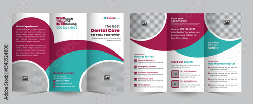 Dental clinic Business Trifold Brochure Design for Hospitals, Clinics, or Healthcare Services. Modern Trifold brochure for teeth treatment, checkup, and oral care promotion Template