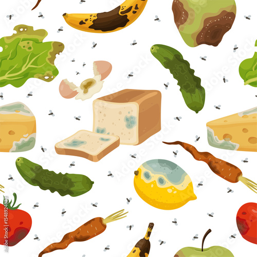 Spoiled and smelly food seamless pattern. Moldy bread. Rotten carrots and lemons. Repeated print. Stinking tomato. Stinky cucumber and banana. Filthy lettuce leaves. Vector background