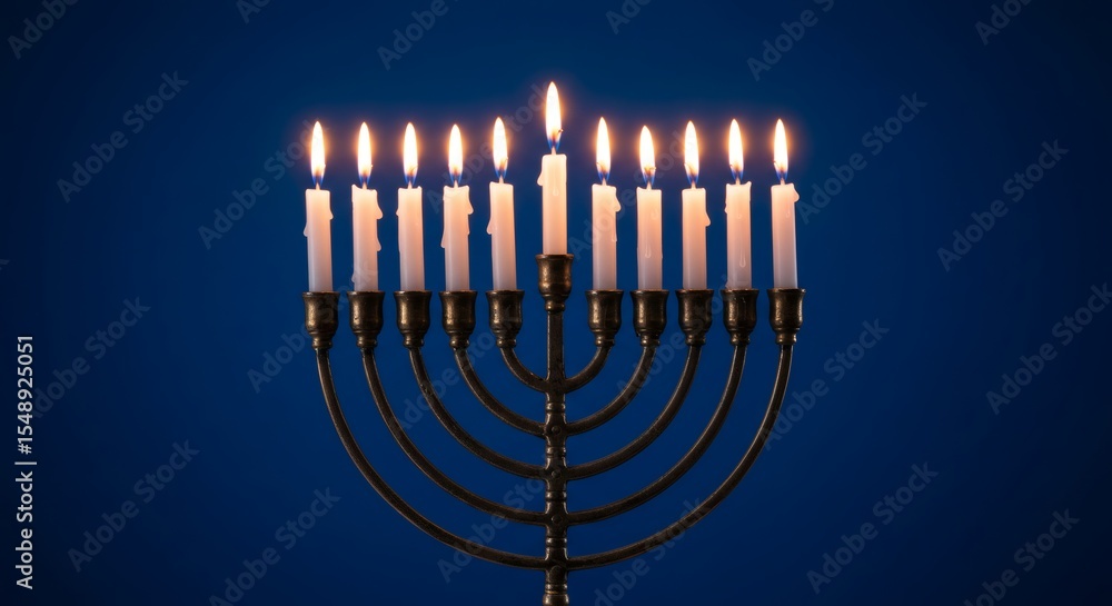 Fototapeta premium Lit Menorah with Nine Candles Traditional Hanukkah Symbol Festive Holiday Celebration