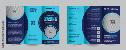 Dental clinic Business Trifold Brochure Design for Hospitals, Clinics, or Healthcare Services. Modern Trifold brochure for teeth treatment, checkup, and oral care promotion Template