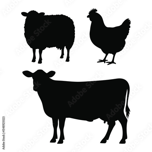 Farm animal silhouette set featuring sheep, cow, and chicken on isolated black and white background