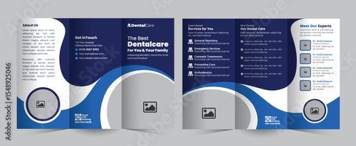 Dental clinic Business Trifold Brochure Design for Hospitals, Clinics, or Healthcare Services. Modern Trifold brochure for teeth treatment, checkup, and oral care promotion Template